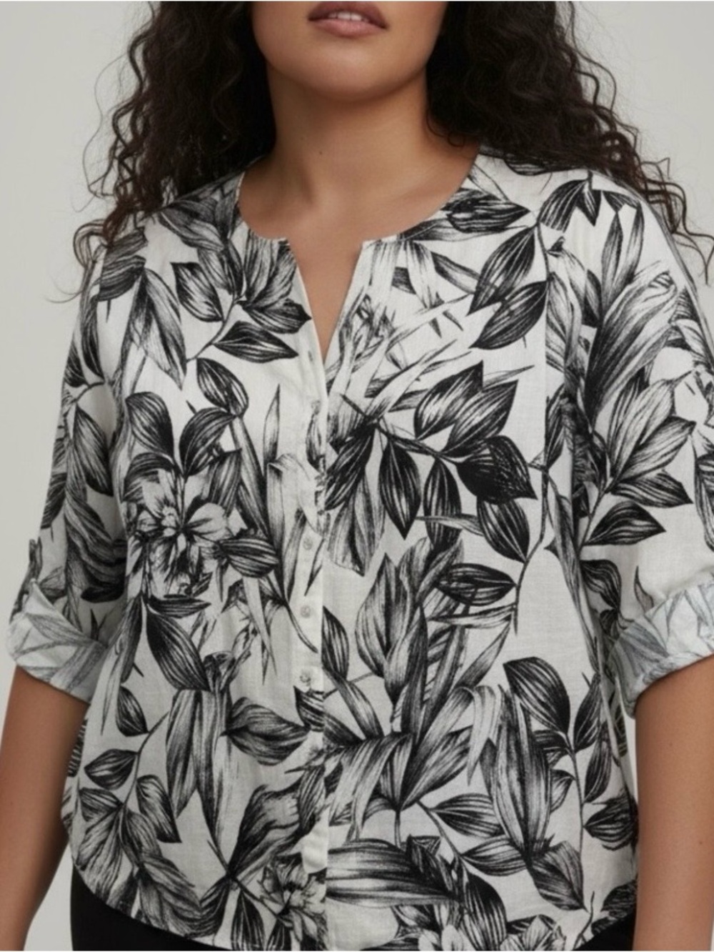 C&C California Black & White Linen Botanical Floral Button-Front Tunic Shirt 2X